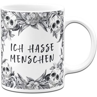 Tassenbrennerei Totenkopf Tasse - Ich hasse Menschen - Kaffeetasse lustig mit Spruch und Totenkopfmotiv - Skull Statement (Weiß)
