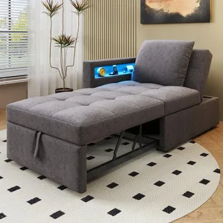 Merax 3-in-1 Polsterbett 90×190 mit verstellbare Rückenlehne, Tagesbett mit LED und USB/Typ-C-Anschluss, Schlafsofa Leinenstoff, Hellgrau - Hellgrau