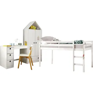 Jugendzimmer-Set LÜTTENHÜTT "Alpi" Schlafzimmermöbel-Sets weiß Baby Komplett-Kinderzimmer Hochbett, Schreibtisch und Kleiderschrank in Hausoptik, platzsparend