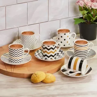 KARACA Nossa Set mit 6 Kaffeetassen, mit Untertasse-Türkisch Kaffee und Espressotassen,Mochatassen Set aus Porzellan-Traditional Porzellan Kaffeeservice