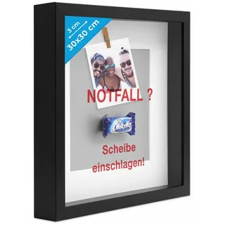 PHOTOLINI Bilderrahmen 3D-Objektrahmen tief zum Befüllen mit Glasscheibe, für 1 Bilder (1 Einzelrahmen), tiefer Rahmen 30x30 cm mit Passepartout für Objekte bis 3 cm Tiefe schwarz 30 cm x 30 cm