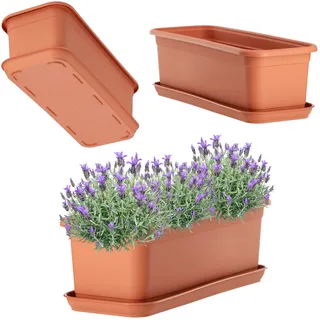 Kadax Blumenkasten mit Untersetzer, "Evron", aus Kunststoff, Blumentopf für Balkon, Terrasse, Fensterbank, 40 cm, Terracotta)