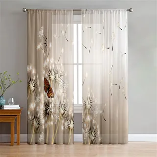 Surwin 2 Stück Gardinen, 3D Löwenzahn Druck Vorhänge, Modern Transparent Vorhang Wohnzimmer Polyester Scheibengardinen Curtains für Küche Wohnzimmer Schlafzimmer (Schmetterling,107x213cm)
