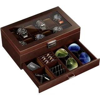 ProCase Uhrenbox aus Holz mit 12 Fächern, Uhren und Sonnenbrillen Aufbewahrung mit 2 Ebenen, Schmuckkästchen für Herren, Uhrenkasten mit Glasdeckel -Espresso
