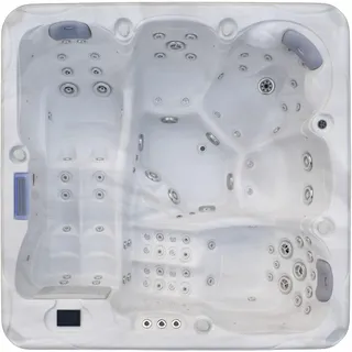 SANOTECHNIK Outdoor Whirlpool Hawaii White Marble, 5 Personen, 91 Düsen | Mit 3 Sitz- und 2 Liegeplätzen, BALBOA Touch-Steuerung, LED-Beleuchtung, Bluetooth, Wasserfall, Abdeckung und Stiege