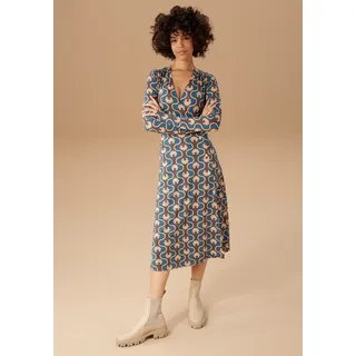 Jerseykleid ANISTON CASUAL Gr. 38, N-Gr, bunt (petrol, beige, braun) Damen Kleider Freizeitkleider mit trendigem Retromuster bedruckt