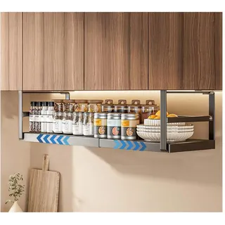 GOZYLA Unterregal Aufbewahrungskorb, Metall Hängekorb Home Gewürzregal Regal Schrankkörbe Einhängen Küche Organizer für Küchenschränke, Büro, Speisekammer, Bad(Schwarz,Telescopic 45-63cm)