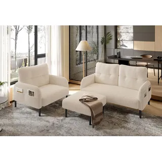 LVHOM Sofa Polstergarnitur, Sicher, komfortabel & multifunktional für Familien, 3-2-1 sitzer, 3 tlg. Sofa-Set: Zweisitzer+Sessel+Hocker/Ottomane, modular kombinierbar für maximale Flexibilität. Perfekt für Wohnzimmer, Büros oder kleine Apartments – schafft sichere Sitzgelegenheiten mit kinderfreundlichem Design & Platzoptimierung 3 Teile, Kindersicher mit runden Ecken. Hocker als Tisch oder Sitz nutzbar. beige