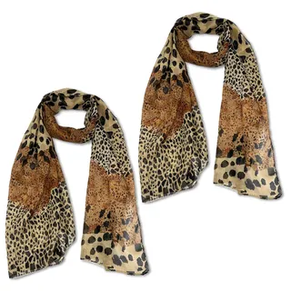 EUPSIIU 2 Stücke Chiffon Seiden Tuch Damen, Damen Schal Stola Halstuch Tuch, Seidenschal Halstuch und Chiffon Stola, Soft Leopard Print Scarves, Elegante Schals für Ganzjährig (Braun) - 50 cm x 160 cm