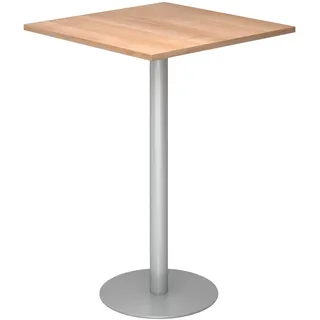 bümö Stehtisch Büro, Bistrotisch eckig 80 x 80 cm in Nussbaum, Gestell: Silber - Bartisch, Stehtisch Holz-Platte, Säule aus Metall, Buffettisch,