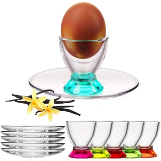 PLATINUX Eierbecher Set bunt mit Untersetzer aus Glas (12-Teilig) Eierständer Frühstück Egg-Cup Eierhalter Brunch
