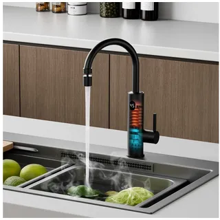 ESIP Elektrischer Wasserhahn mit Durchlauferhitzer led Temperaturanzeige Wasserhahn Küche 360° Drehbar Küchenarmaturen Schwarz Spültischarmatur Edelstahl