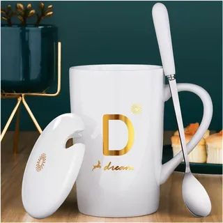 ZZDXW Kaffeebecher Porzellan Weiß/Schwarz Groß Mit Deckel Und Löffel ,Keramik-Tasse,Tasse Mit Spruch Kaffee-Tasse Buchstaben Porzellantasse, Tasse Blau Keramik,Kaffeetasse Oder Teetasse Wasserbecher