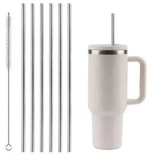 6 Stk Ersatz Edelstahl Strohhalme, Metall Strohhalm für Stanley Cup, Trinkhalme Edelstahl mit 1 Strohbürste, 30cm Metallstrohhalme Kompatibel mit St