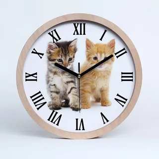 Tulup Holzuhr Uhr Holz ⌀ 20cm Dekoration Wanduhr Modern Runde Stille Uhren Schwarze Uhrzeiger - braun und Ingwer Katze