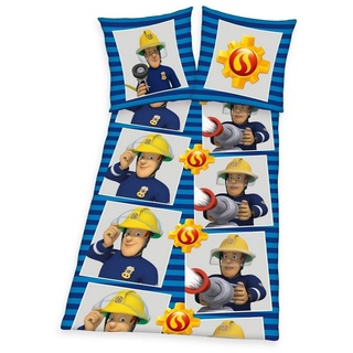 Kinderbettwäsche Herding Feuerwehr-mann Sam - Feinbiber Kuschel-Bettwäsche-Set, 135x200, Feuerwehrmann Sam, Mischgewebe, 65% Baumwolle / 35% Polyester blau