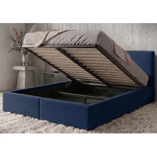 Polsterbett 160x200 cm mit Bettkasten und Lattenrost – Stauraumbett Doppelbett in Blau Pflegeleichter Samtbezug Gepolstertes Bettgestell belastbar bis 300 kg ohne Matratze (Dunkelblau, 160x200)