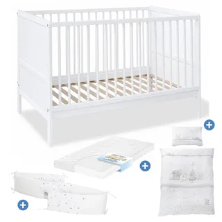 Pinolino Babybett-Komplett-Set Carla Buche teilmassiv lackiert  3-fach höhenverstellbar, 3 Schlupfsprossen inkl. Bettwäsche, Nestchen & Matratze 70 x 140 cm - Weiß