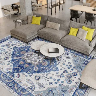 Vamcheer Vintage Teppich Wohnzimmer Waschbar Blau 160x230 cm