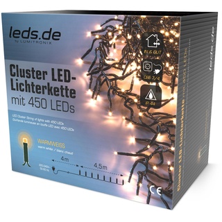 leds.de LED-Cluster Lichterkette warmweiß 450 LEDs, 4,5m I Weihnachtsbeleuchtung für außen I Umweltfreundliche Weihnachtsbaum Lichterkette I Büschellichterkette