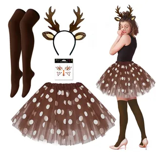 ChicOasis Reh Kostüm Damen, 4er Hirsch Kostüm Reh Haarreif mit Braun Tüllrock Reh Gesichtstattoo Glitter, Socken, Rehkostüm Accessoires für Fasching Karneval
