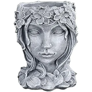 YANMILIA Kopf Pflanzgefäß Gesicht Blumentopf Göttin Statue Übertopf Dekorative Mädchen Porträt Übertopf Indoor Outdoor Mädchen Gesicht Blume Vase Container Pflanzer (Grau)