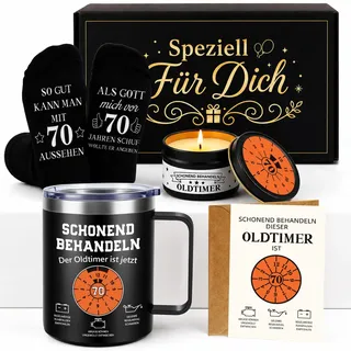 TUZELIYA 70 Geburtstag Mann, Schonend Behandeln der Oldtimer ist Jetzt 70 | Geschenkbox zum 70 Geburtstag mit Thermobecher, Socken, Kerze & Karte, Geburtstagsgeschenk für Männer Papa Kollege Mann