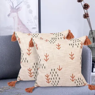 aRDENMEAD Kissenbezüge, 100 % Baumwolle, 2er-Set, bestickt, dekorative Kissenbezüge mit Quasten für Couch, Sofa, Bett, Wohnzimmer (45 x 45 cm, Farbe: Rostgrau)