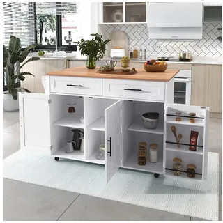 STILVORA Sideboard mit klappbare Arbeitsplatte,Buffetschrank Kücheninsel mit Schubladen (1 St., 5 Räder, 3 Tür), mit Ausziehbare Arbeitsplatte,Massivholzbeine umschaltbar weiß