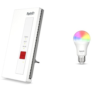 AVM Fritz!Smart Gateway: Einfache Anbindung von Zigbee 3.0 und DECT-ULE LED-Lampen & Fritz!DECT 500 (smarte LED-Lampe E27 für farbiges und weißes Licht, dimmbar, 2700K, 9W, 806 Lumen)