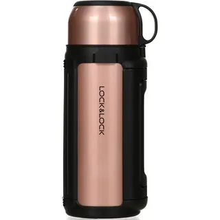 LocknLock Isolierkanne 1,5 Liter - Thermoskanne mit Becher - Warmhaltekanne für Kaffee, Tee & Kälteisolation, Isolierflasche aus Edelstahl auslaufsicher mit Tragegurt & Klappgriff - Goldrosa