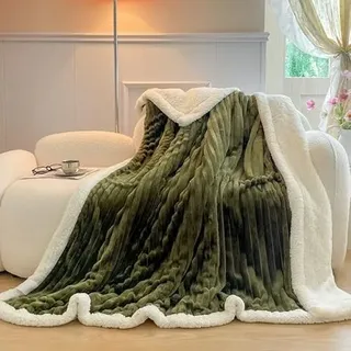 Kuscheldecke Mode Geometrie Streifenmuster Sherpa Decke Flauschig WohnDecke Dick Warm Fleecedecke Einfarbig Sofadecke Bettdecke Blanket Tagesdecke Wohnzimmer Sofaüberwurf, Grün 200x230 cm