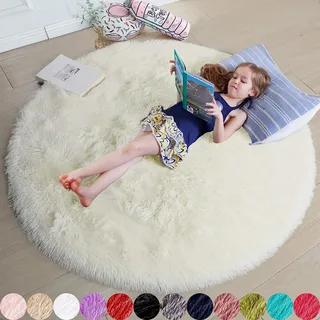 iyoimono Hochflor Teppich Rund Wohnzimmer Super weich Shaggy Teppich Flauschiger,Soft Area Rug Schlafzimmer Kinderzimmer Teppiche Super weich Fluffy Kindermatte(Elfenbein,180 x 180 cm)
