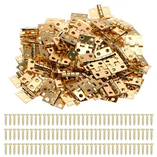 VZU 100 Stück Scharniere Klein, Mini Scharniere Mini Scharnier für Holz mit 400 Schrauben, Messing Verchromt Gold, für DIY Modellbau Schmuckbox Holzkiste, 10×8mm