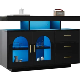 MODFU Sideboard 120x40x80 cm mit LED-Beleuchtung Hochglanz Schwarz, 3 Schubladen 1 Schrank Acryl Tür, moderne Kommode für Küche und Wohnzimmer