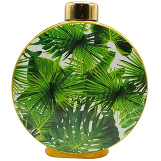 Hochwertige runde Keramik Vase mit goldenem Deckel, grüne Blätter und goldenen Akzenten, Größe: H/Ø ca. 32 x 27 cm