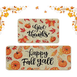 Herbst Fußmatte Kürbis Herbst Deko Türmatte Herbst Dekoration für Innen und Außen Bunt rutschfest Türmatte für Schlafzimmer Wohnzimmer Küche 2er Set (Kürbis)