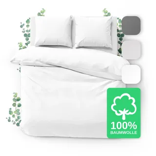 JACOBSON Bettwäsche 200x220 Set - 100% Baumwolle Bettbezug 200x220 cm + 2 Kissenbezüge 80x80 cm, Perkal Bettwäsche 3-teilig mit Reißverschluss (200x220cm, Weiß, 3-teilig)