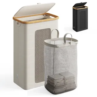 Klyvvo 105L Schmaler Wäschekorb mit Deckel & Belüftung für kleine Räume | Wäschesammler mit Bambusrahmen & 600D wasserdichtem Oxford‐Stoff, herausnehmbare Innentasche, für kleine Räume, Beige