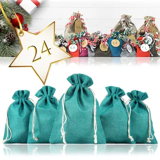 Ganzoo 24er Set Jutesäckchen Dunkelgrün, 100% Jute, Adventskalender zum Selbstbefüllen, Stoff-Säckchen mit Kordelzug, handwaschbar und wiederverwendbar, für Deko und kleine Geschenke, 17,5 x 12,5 cm