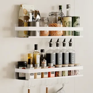 devesanter Gewürzregal Wand 2er Set, mit 6 Haken Gewürzregal Hängend Ohne Bohren Schranktür, zum Organizer für Gewürzdosen, Küchenschrank, Speisekammer Tür, Duschraum(Weiß,40 cm)