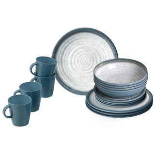 BRUNNER Geschirr-Set Melamin Ess Geschirr Set Lunch, Melamin-/Mineralgemisch, Box 16-teilig Camping Reise Teller Becher blau|bunt|grau