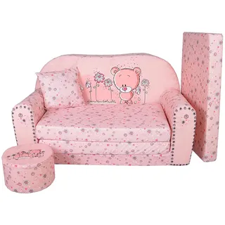 FORTISLINE Kindersofa XXL 2-Sitzer ausklappbar - Kindercouch mit Hocker und Kissen, Kinderzimmer Sofa mit Liegefläche bis 160 cm, Oeko-TEX, hergestellt in der EU, Rosa