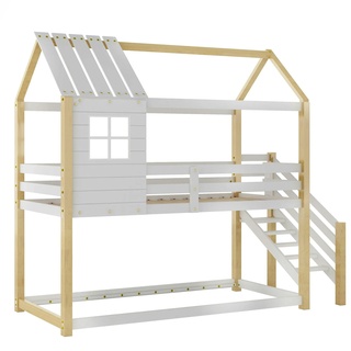 Merax Stockbett für Erwachsene Etagenbett, Hochbett mit Treppe Hausbett Kiefer 90x200cm, Weiß & natur