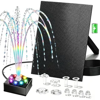 Boadw 6W Teichpumpe solar für Draussen, 1800mAh Solarbrunnen für Draussen mit Akku für Vogelbad kleinen Teich Wasserspiel- Solar Springbrunnen 10 Fontänenstile 8 bunte LED für DIY Gartenliebhaber