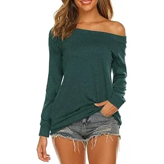 Rongseng Langarmshirt Damen Schulterfrei Oberteil Elegant Langarm Top Sexy Off Shoulder Pullover Casual Longshirt Bluse Tunika Trendy Tshirt Sweatshirt - XL