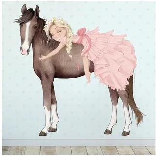 Sunnywall Wandtattoo Prinzessin Mädchen auf Pferd, Wandaufkleber Kinderzimmer, Pferde, selbstklebend, rückstandslos entfernbar braun|schwarz