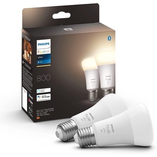Philips Hue White E27 LED Lampen 2-er Pack (800 lm), dimmbare LED Leuchtmittel für das Hue Lichtsystem mit warmweißem Licht, smarte Lichtsteuerung über Sprache und App