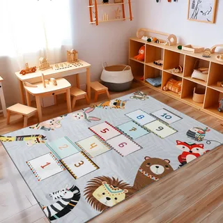 Carpettex Kinderteppich rutschfest | Himmel und Hölle Design 100 x 150 cm | Kein Abwurf | Kurzflor und Waschbarer Spielteppich für Kinderzimmer für Mädchen und Jungen | Grau, Zahlen, Löwe, Bar