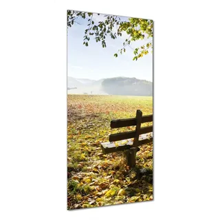Wallario selbstklebende Duschrückwand 70 x 190 cm mit Motiv Idyllische Holzbank in den Bergen - Wandverkleidung mit Hochglanzlaminat in Glasoptik - Schwarz